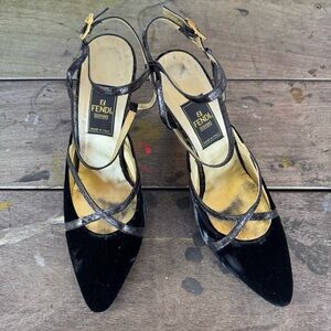 Fendi Black Velvet Cross-Strap Heels
